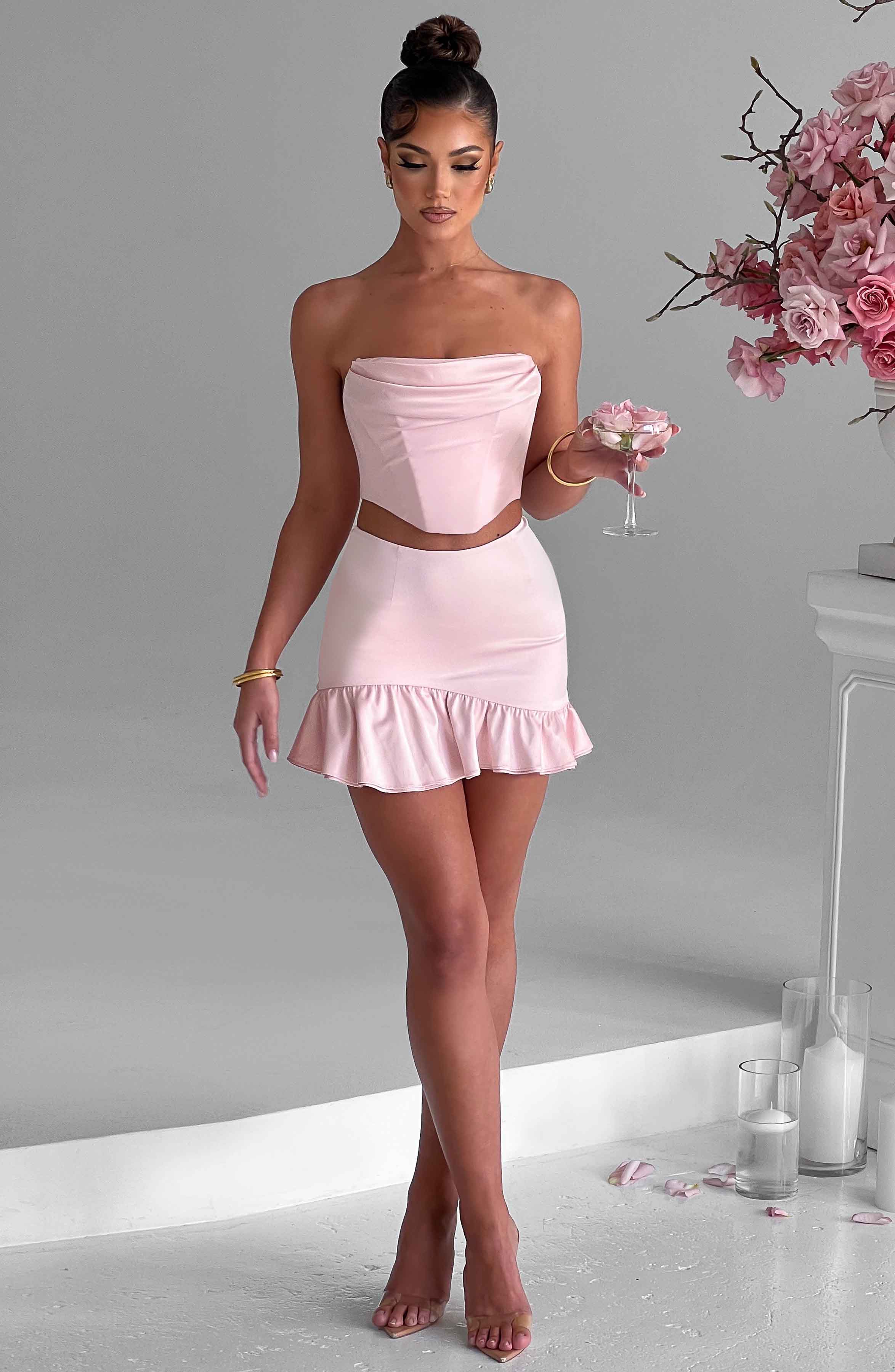 Maura High Waist Satin Mini Skirt with Asymmetric Frill Hem - Blush