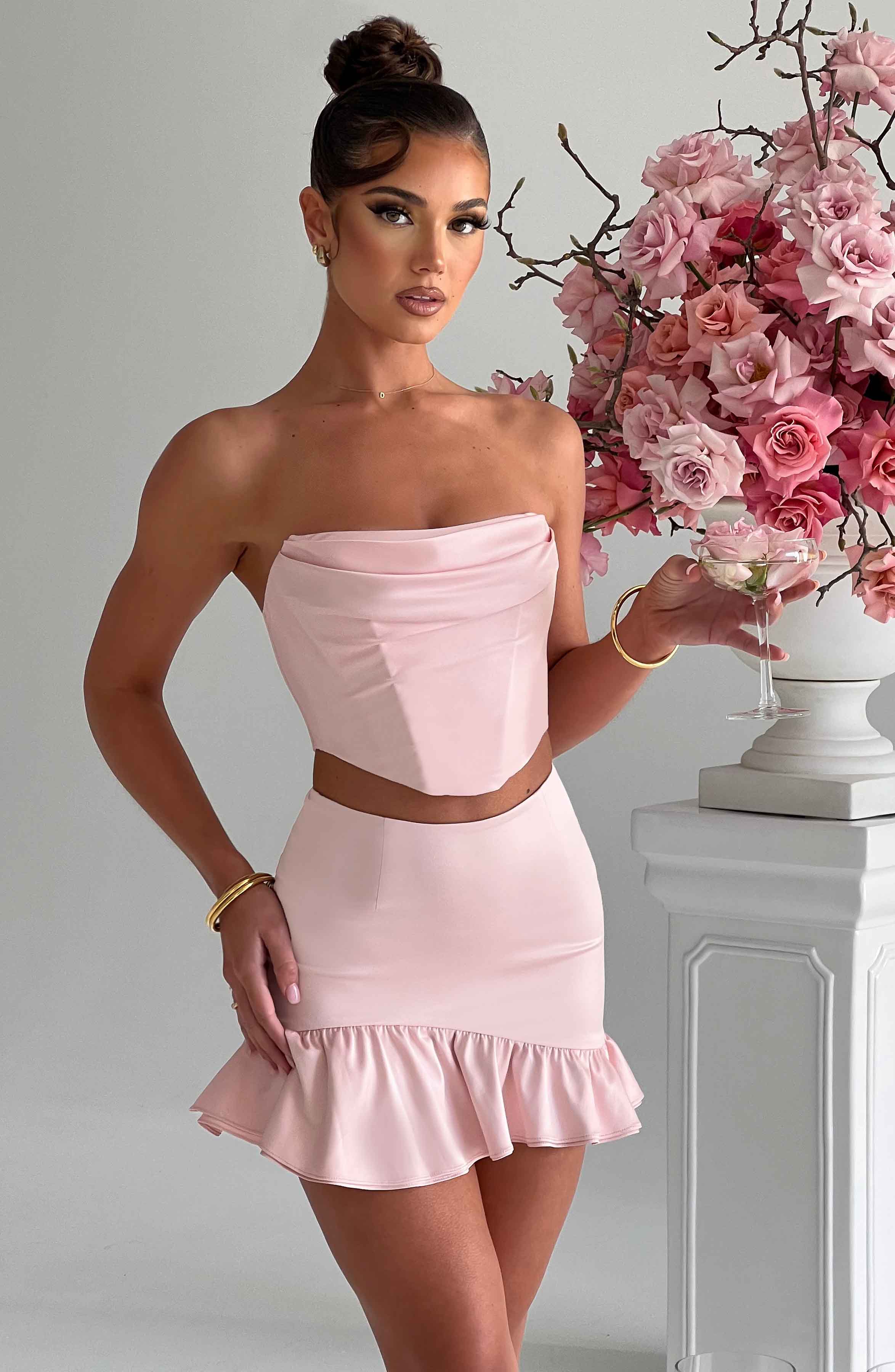 Maura High Waist Satin Mini Skirt with Asymmetric Frill Hem - Blush