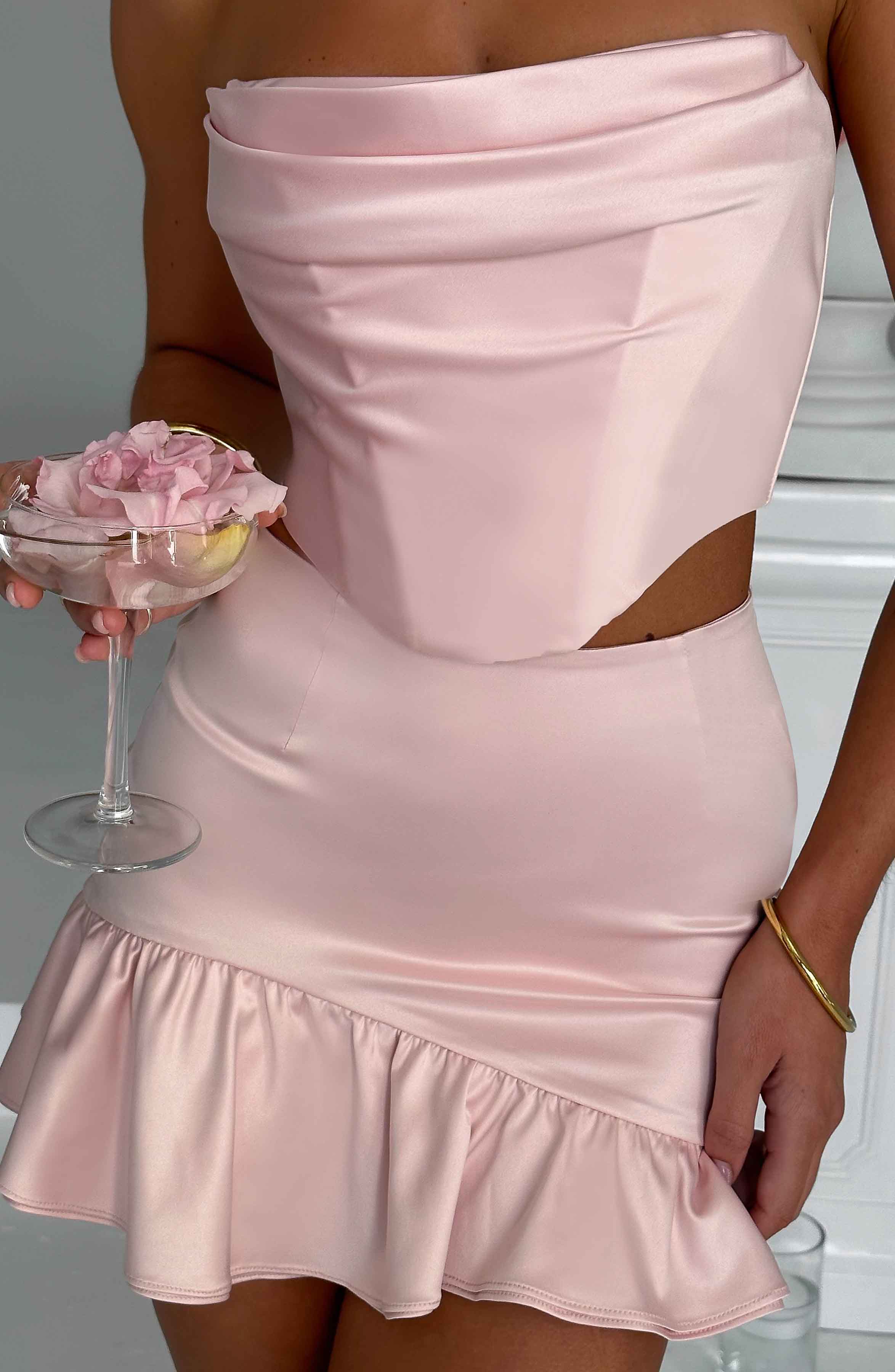 Maura High Waist Satin Mini Skirt with Asymmetric Frill Hem - Blush