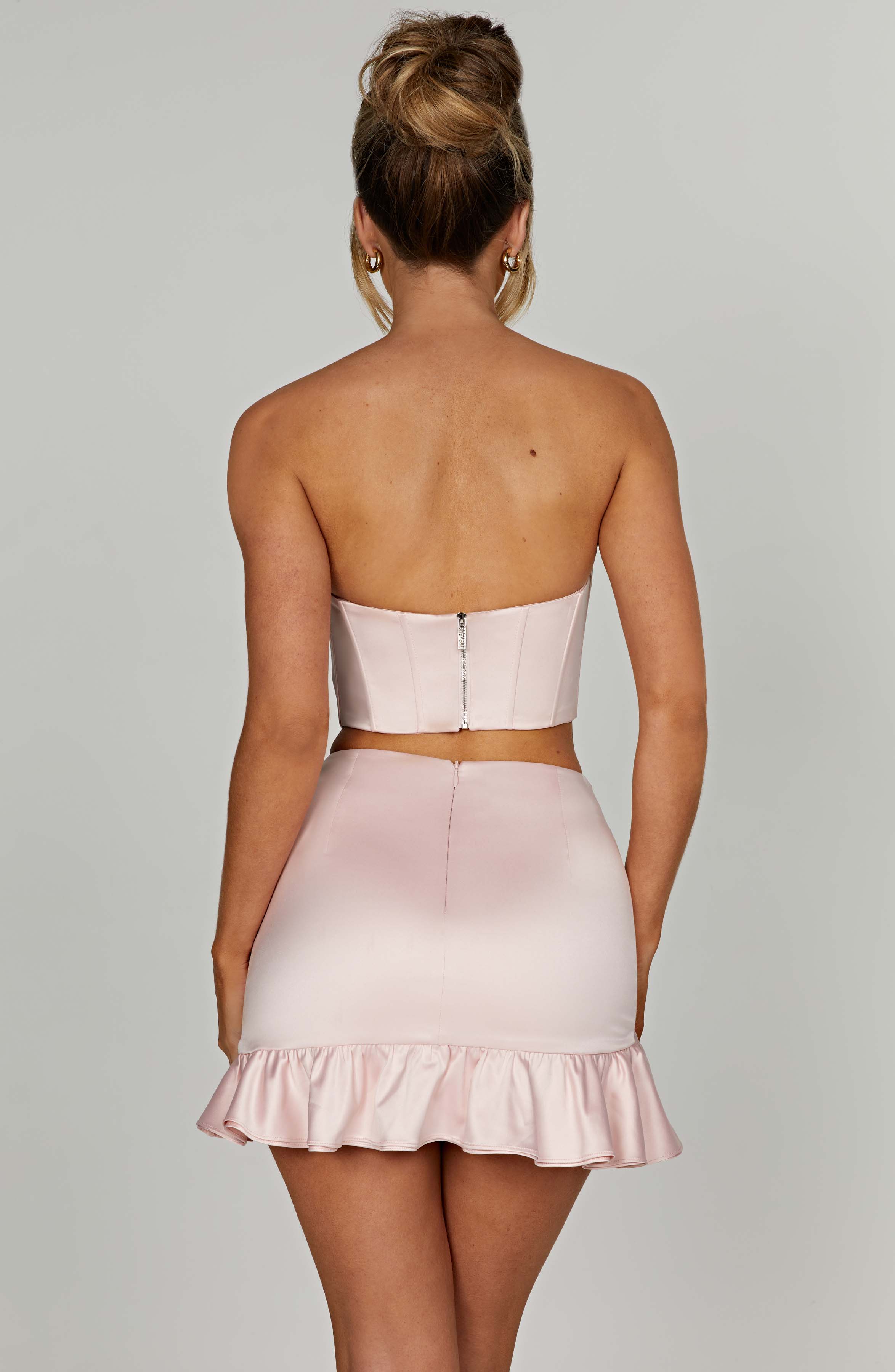 Maura High Waist Satin Mini Skirt with Asymmetric Frill Hem - Blush