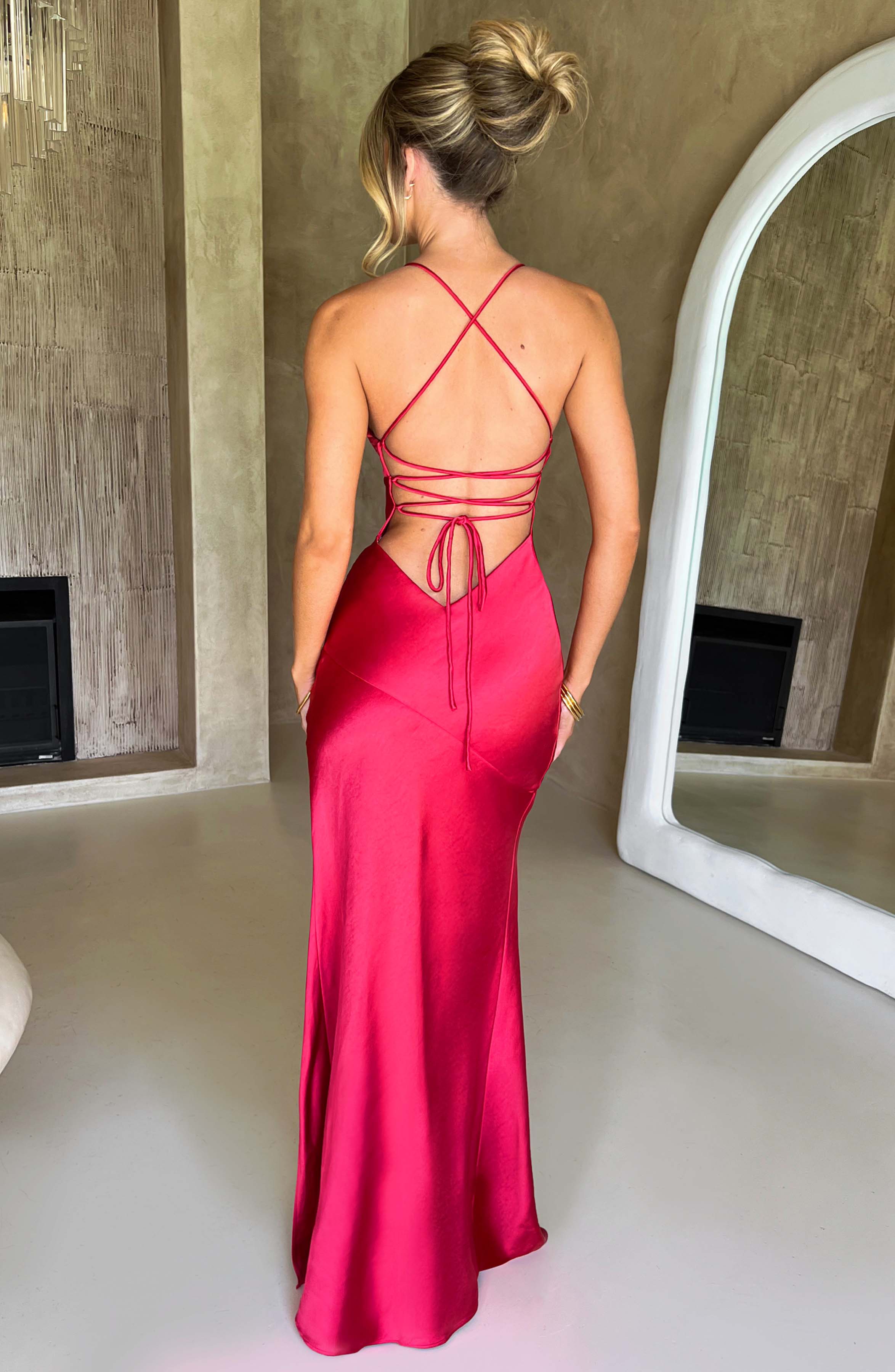 Isobel Satin Maxi Dress - Red Plunge Neck & Thigh Split