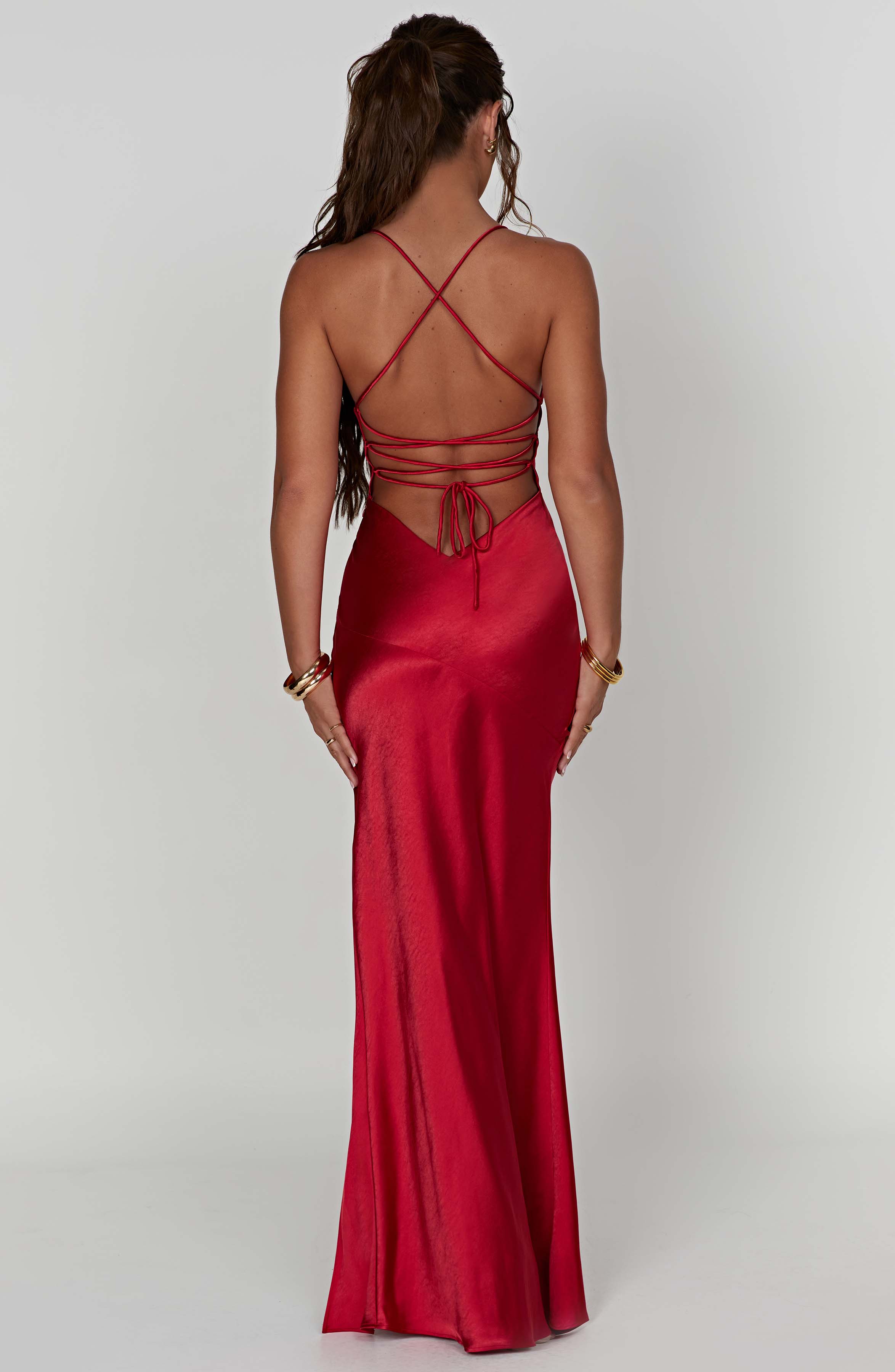 Isobel Satin Maxi Dress - Red Plunge Neck & Thigh Split