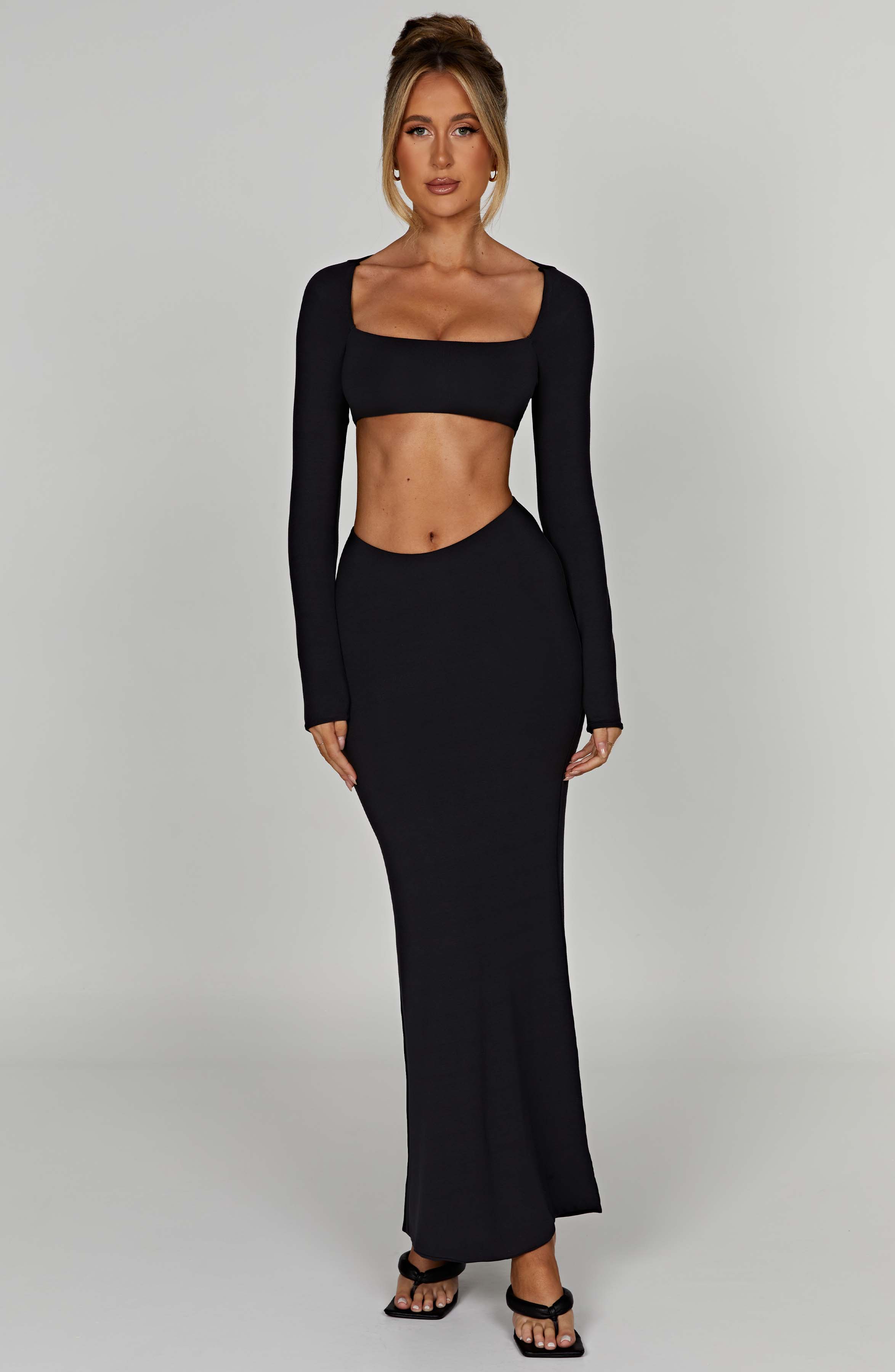 Black Amari Maxi Dress with Cut Out Waist & Square Neckline