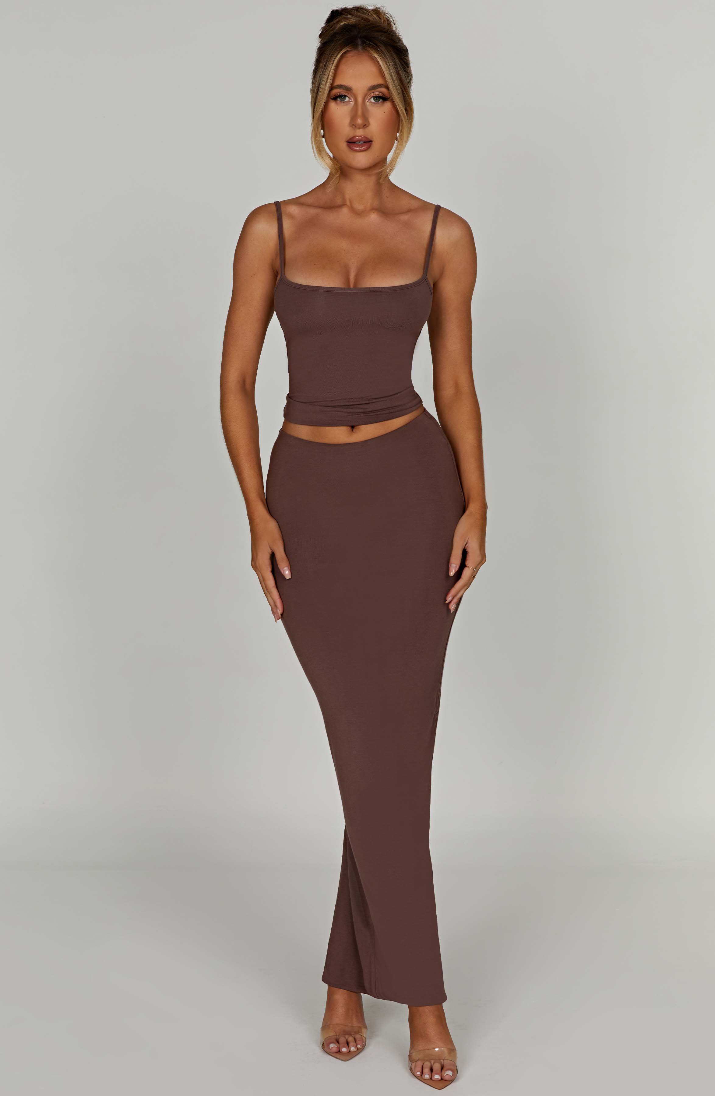 Yazmin Chocolate Maxi Skirt - Soft Stretch Double-Layered