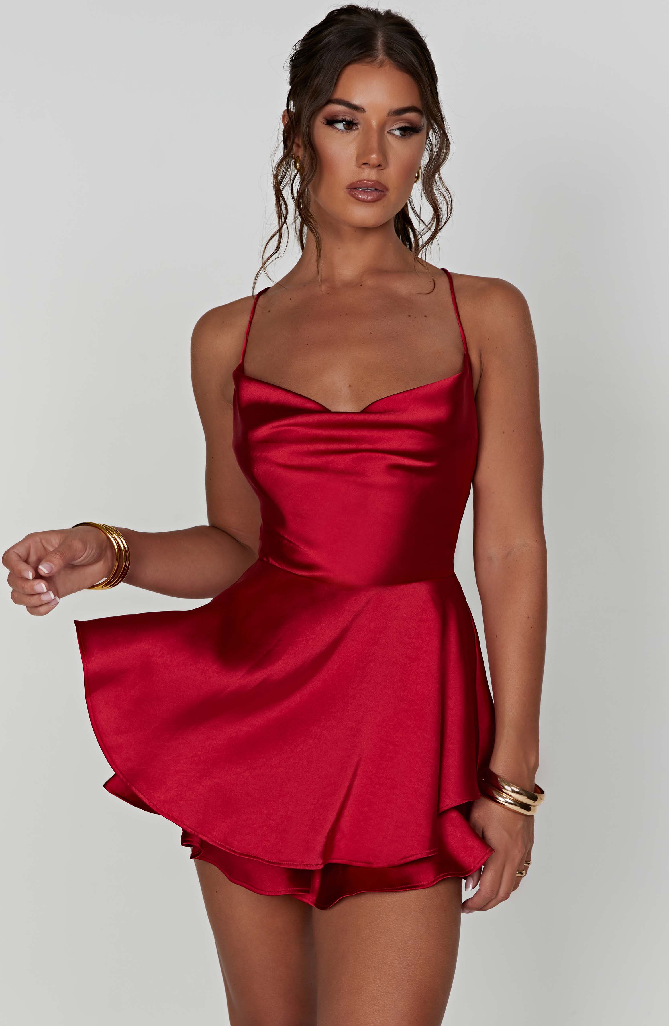 Red Satin Florence Playsuit with Cowl Neck & Ruffle Shorts