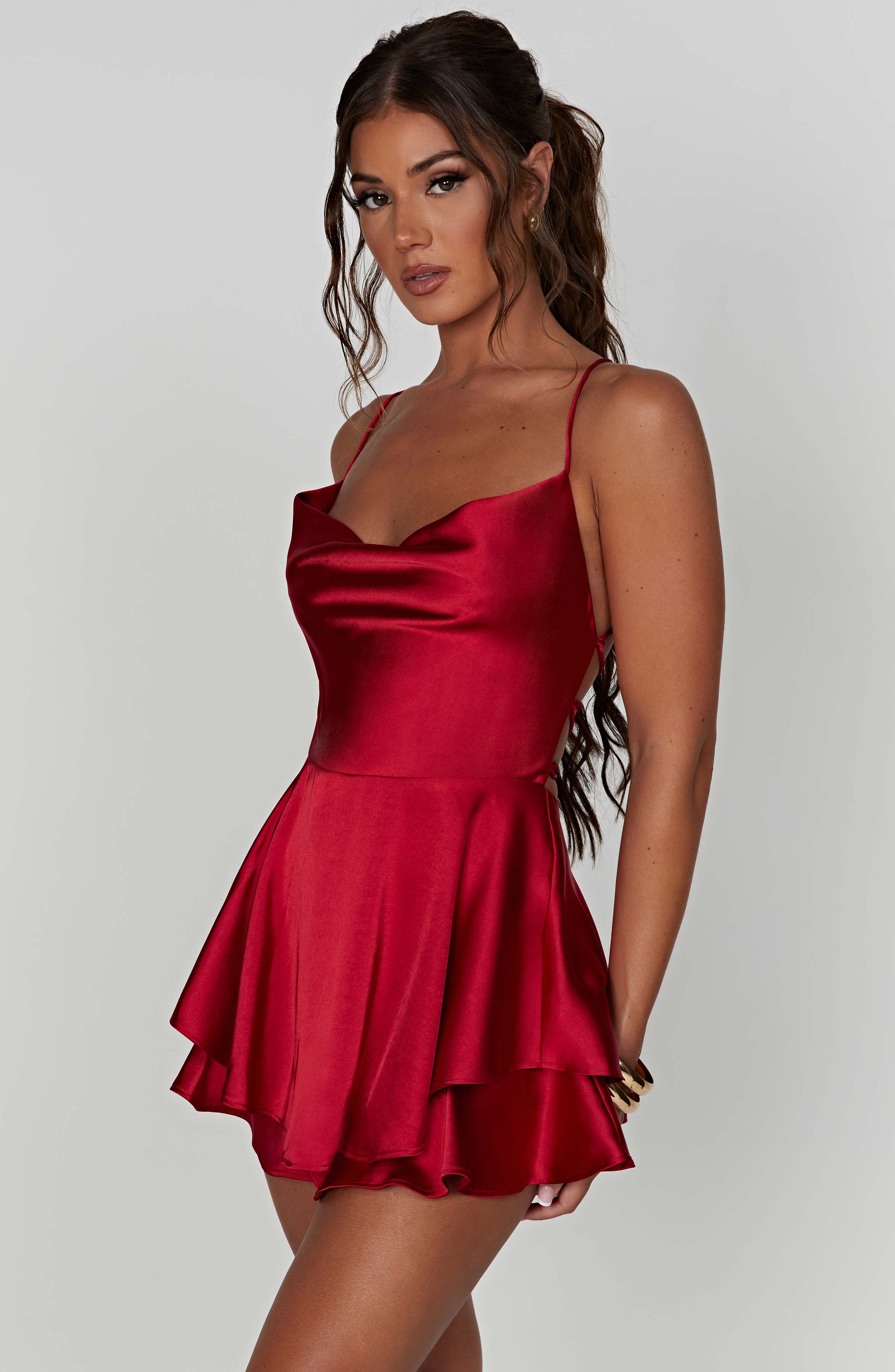 Red Satin Florence Playsuit with Cowl Neck & Ruffle Shorts