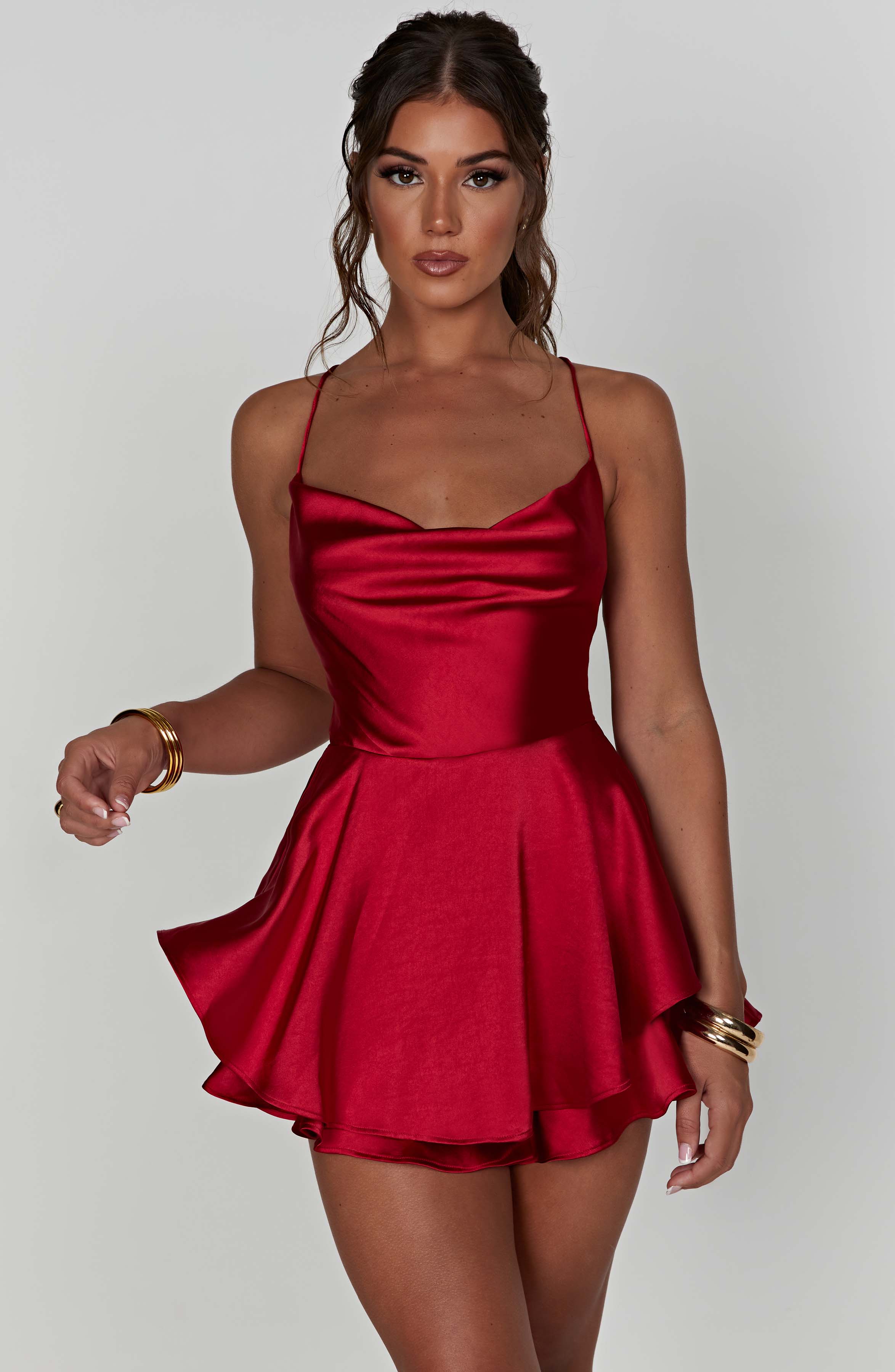 Red Satin Florence Playsuit with Cowl Neck & Ruffle Shorts