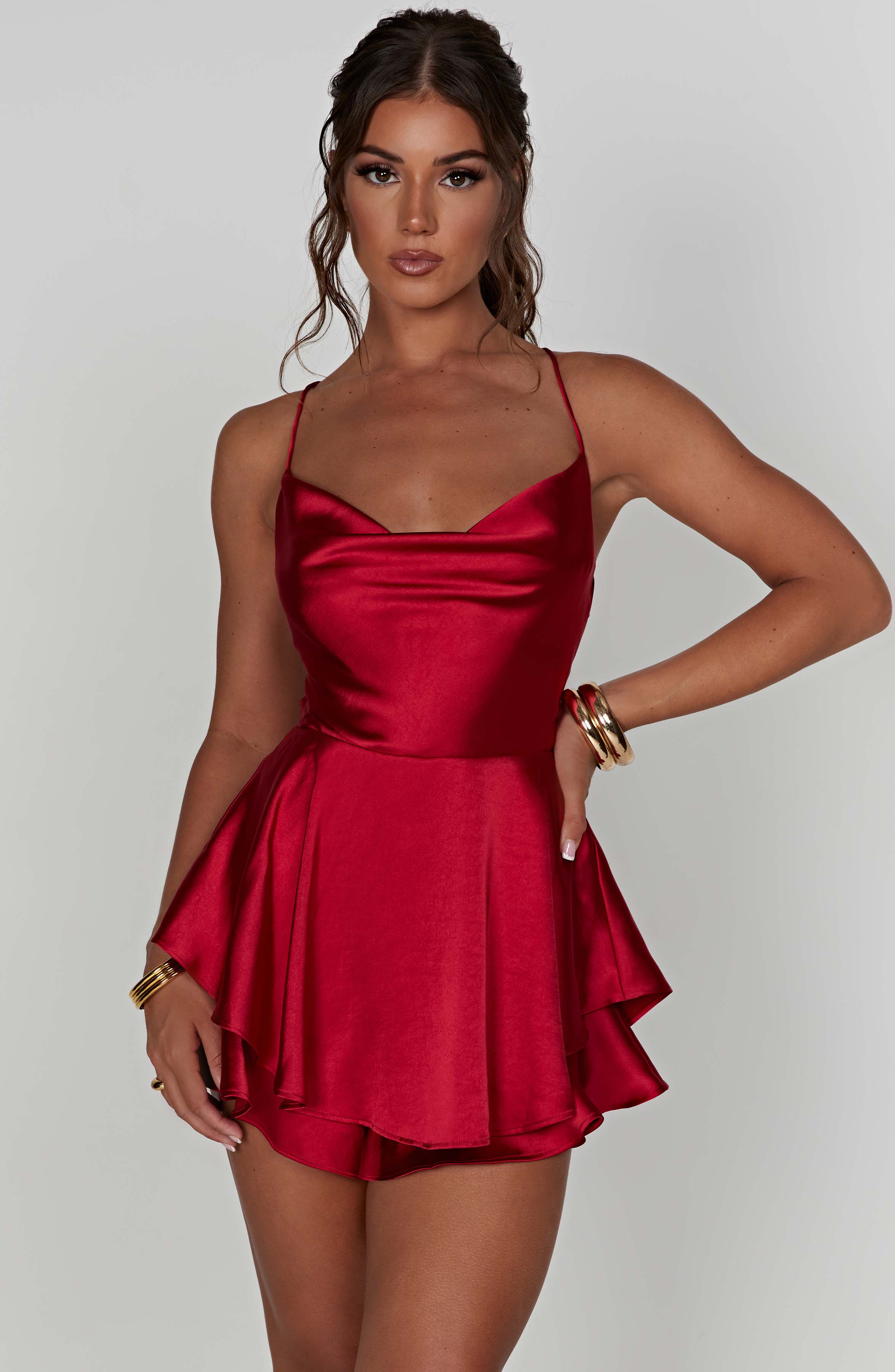 Red Satin Florence Playsuit with Cowl Neck & Ruffle Shorts