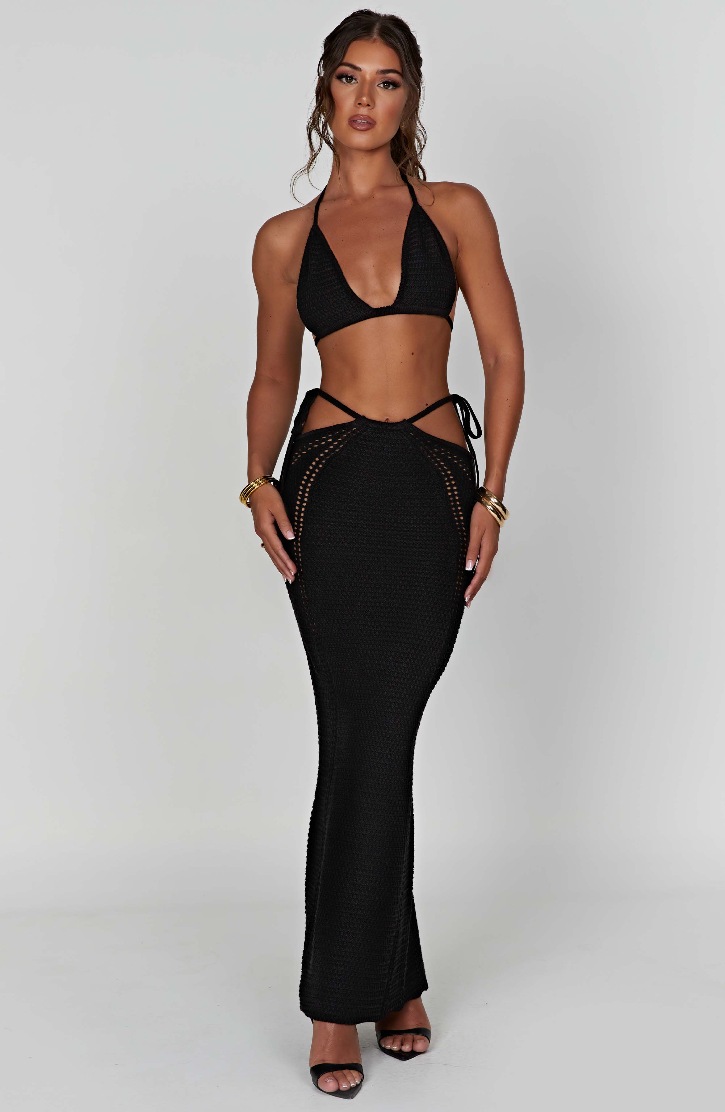 Jia Black Maxi Skirt - Stretchy Crochet with Cut Out Waist