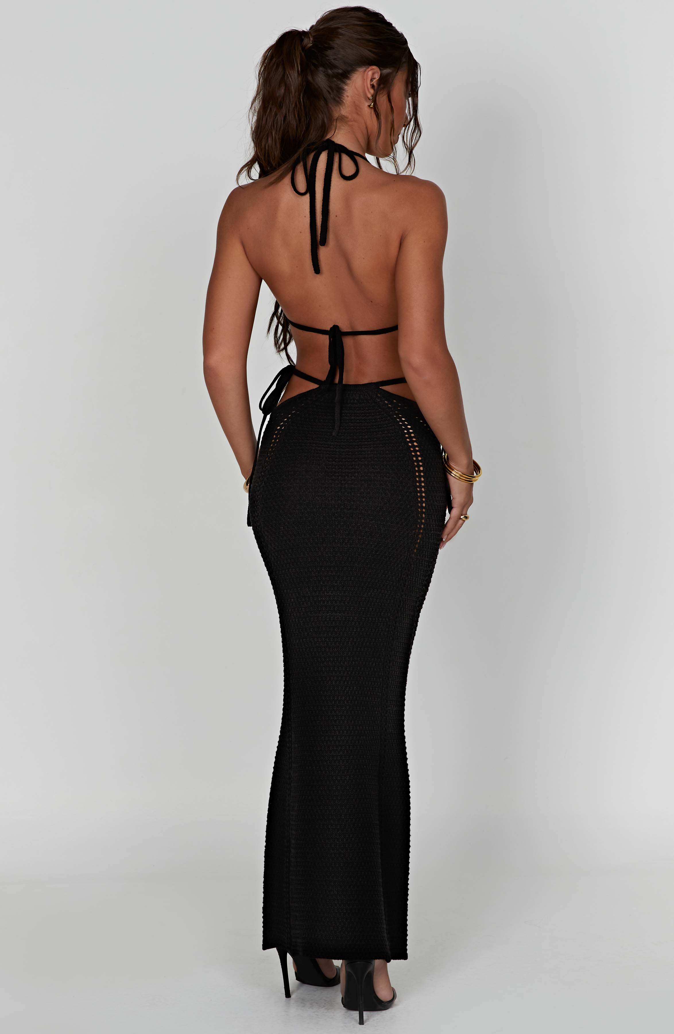 Jia Black Maxi Skirt - Stretchy Crochet with Cut Out Waist