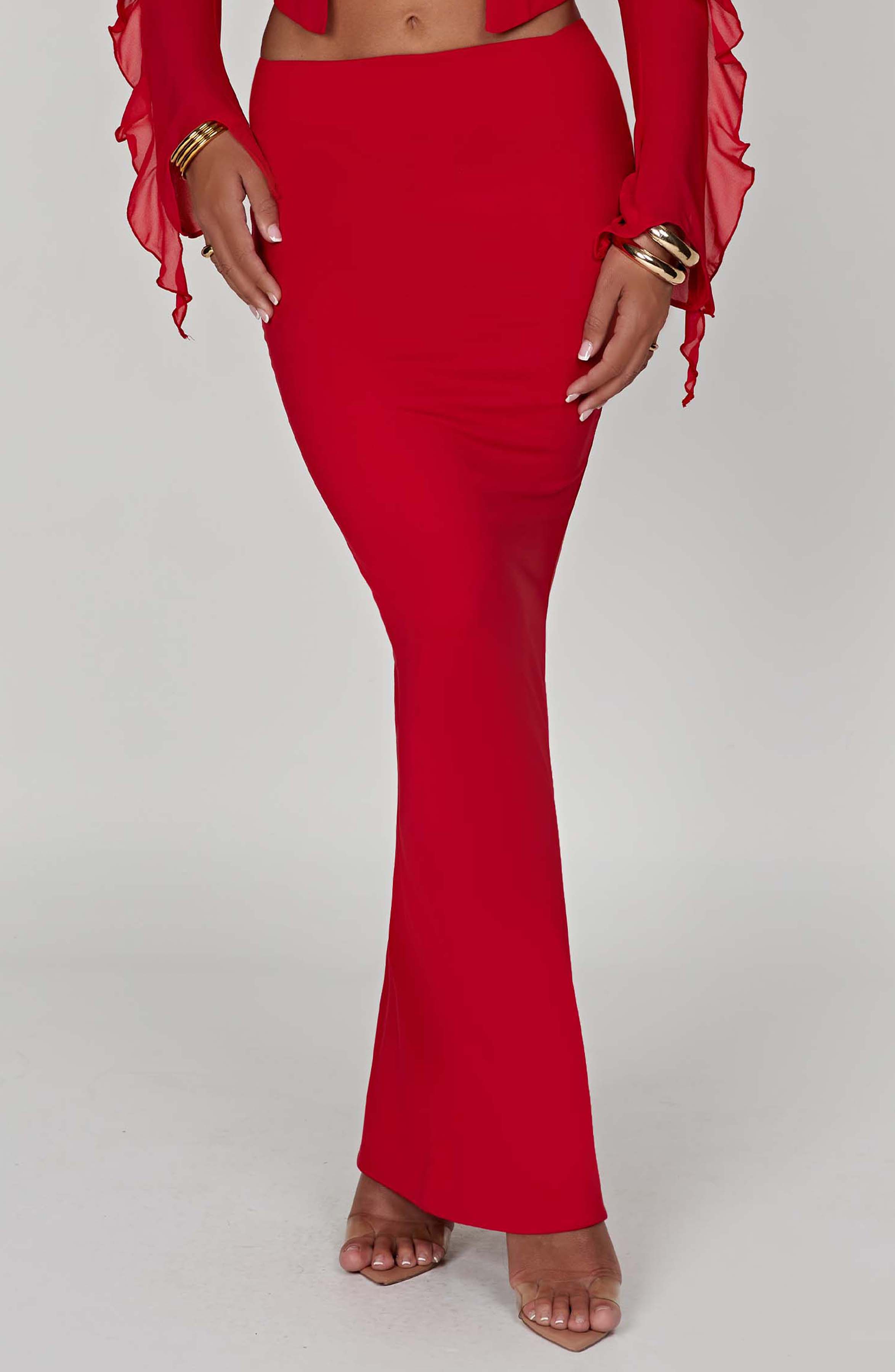 Red High Waist Maxi Skirt - Astrid Stretch Jersey Figure Hugging