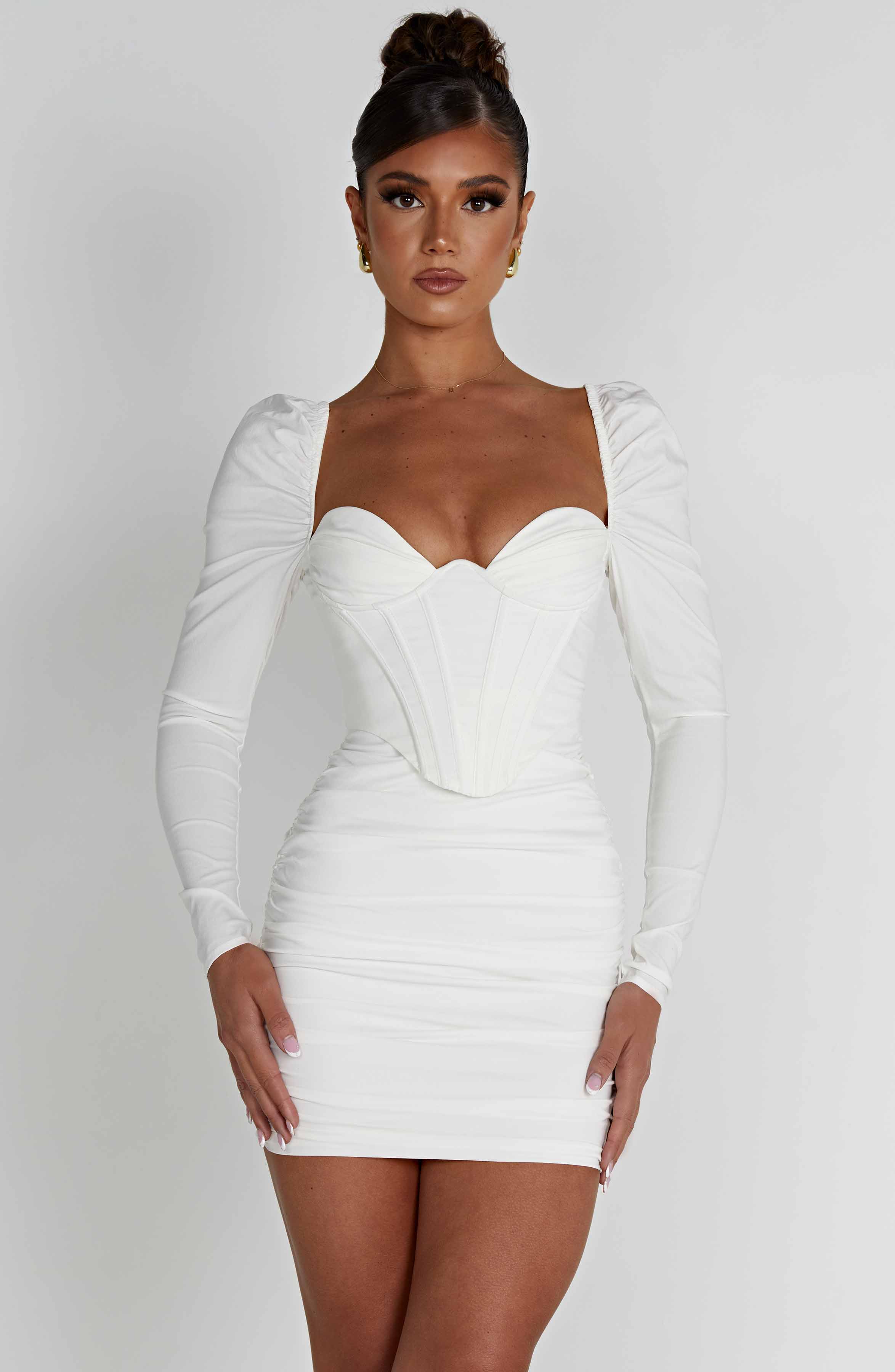 White Louise Mini Dress with Corset Bodice & Puff Sleeves
