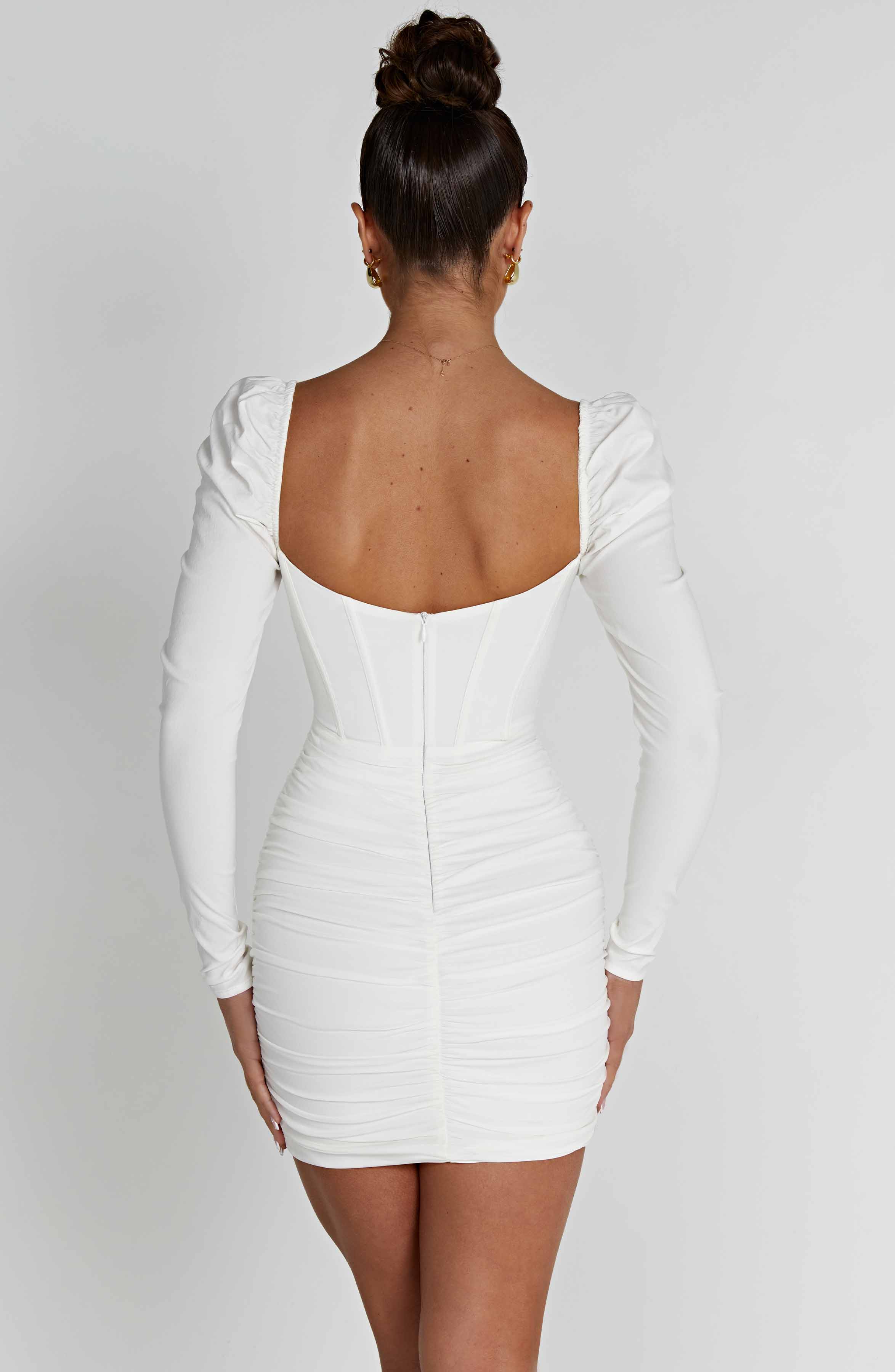 White Louise Mini Dress with Corset Bodice & Puff Sleeves