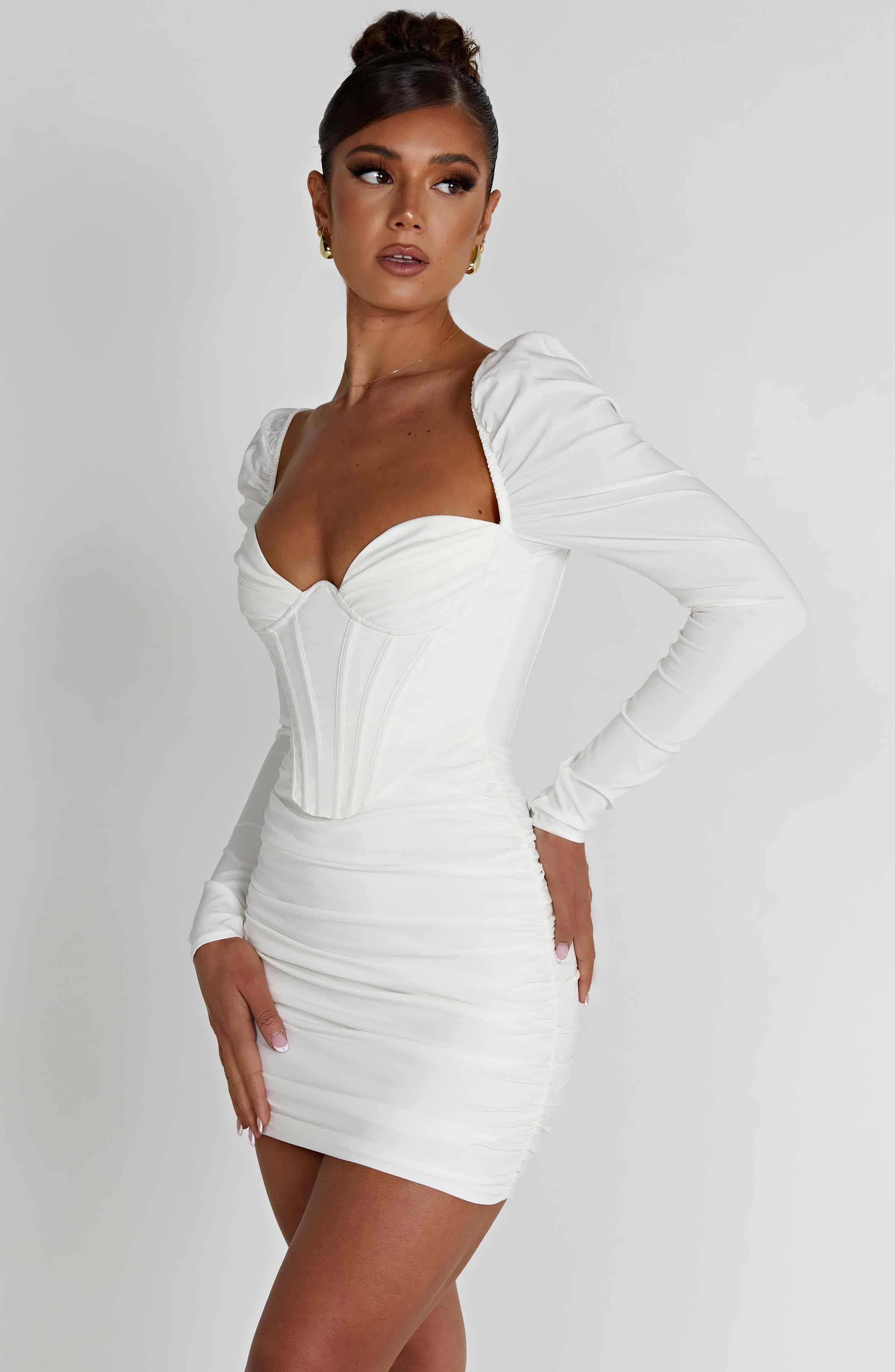 White Louise Mini Dress with Corset Bodice & Puff Sleeves