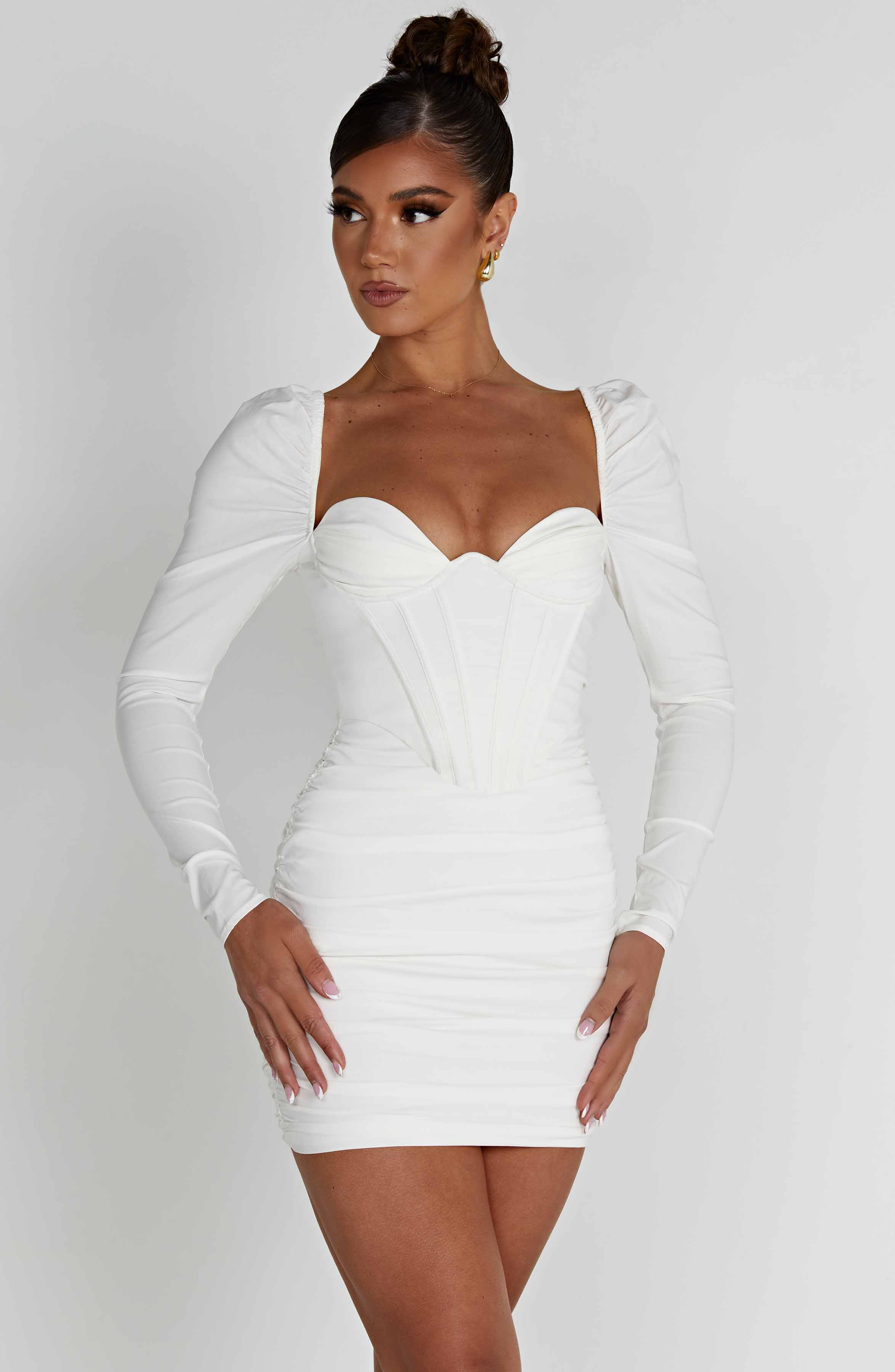 White Louise Mini Dress with Corset Bodice & Puff Sleeves