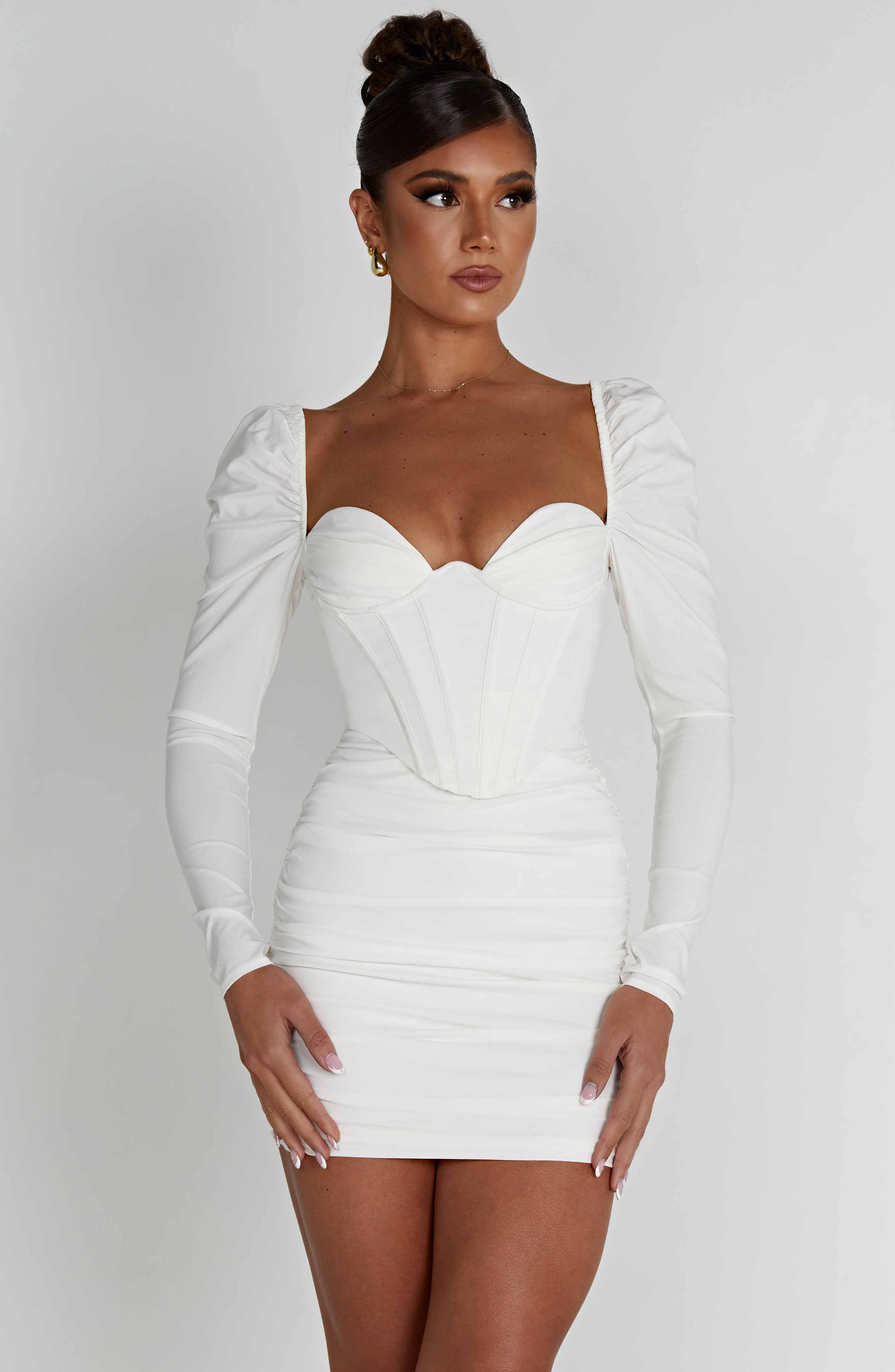 White Louise Mini Dress with Corset Bodice & Puff Sleeves