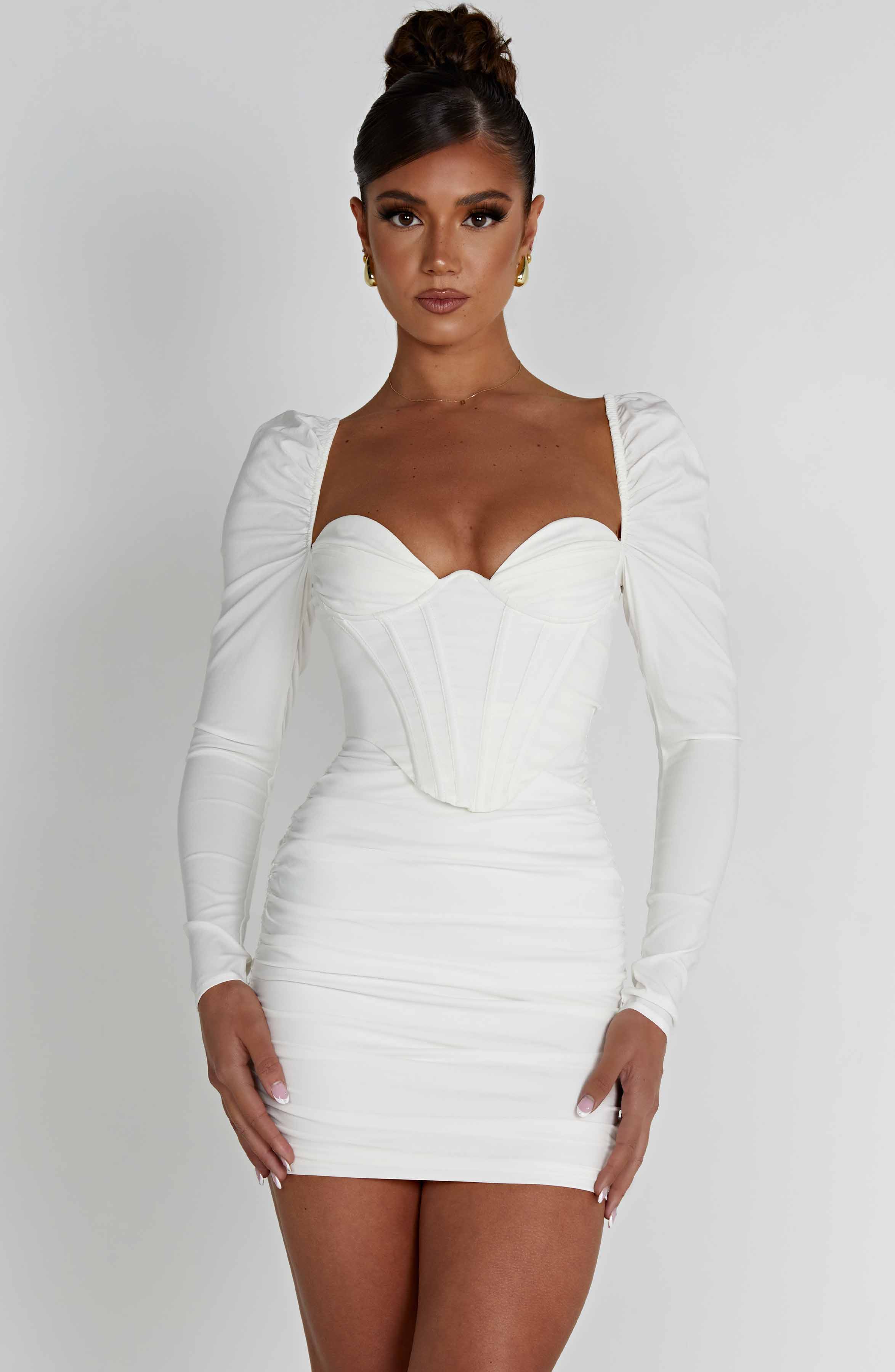 White Louise Mini Dress with Corset Bodice & Puff Sleeves
