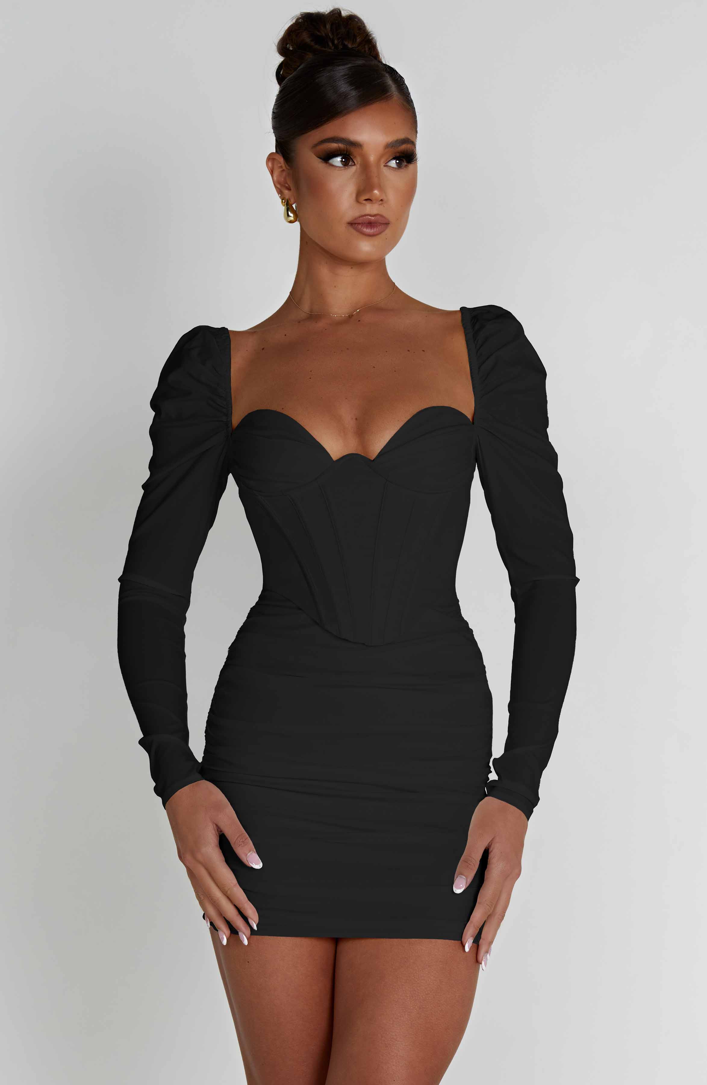 Black Mini Dress with Corset & Puff Sleeves | Louise