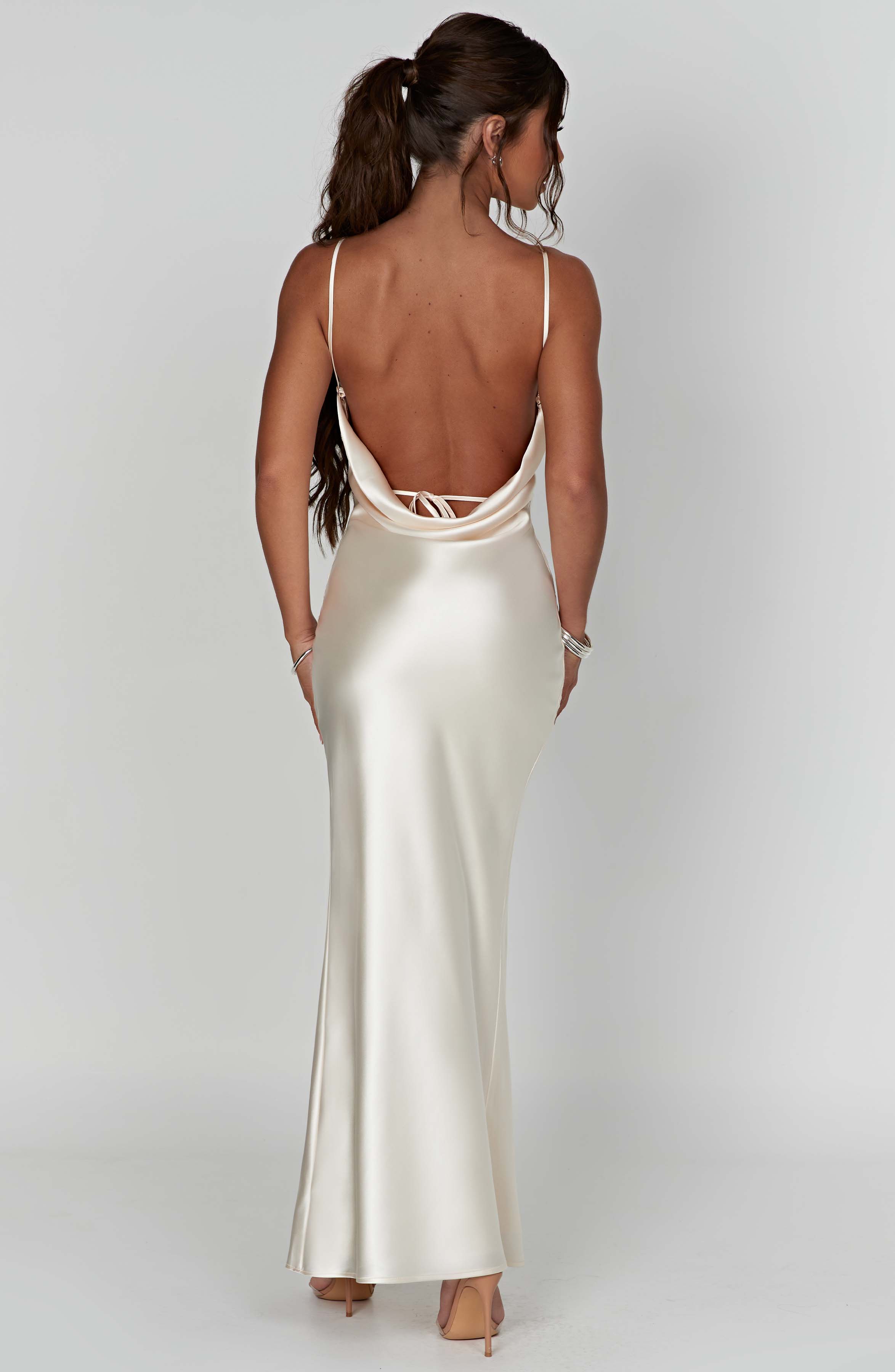 Celestina Ivory Satin Cowl Neck Maxi Dress with Thigh Split