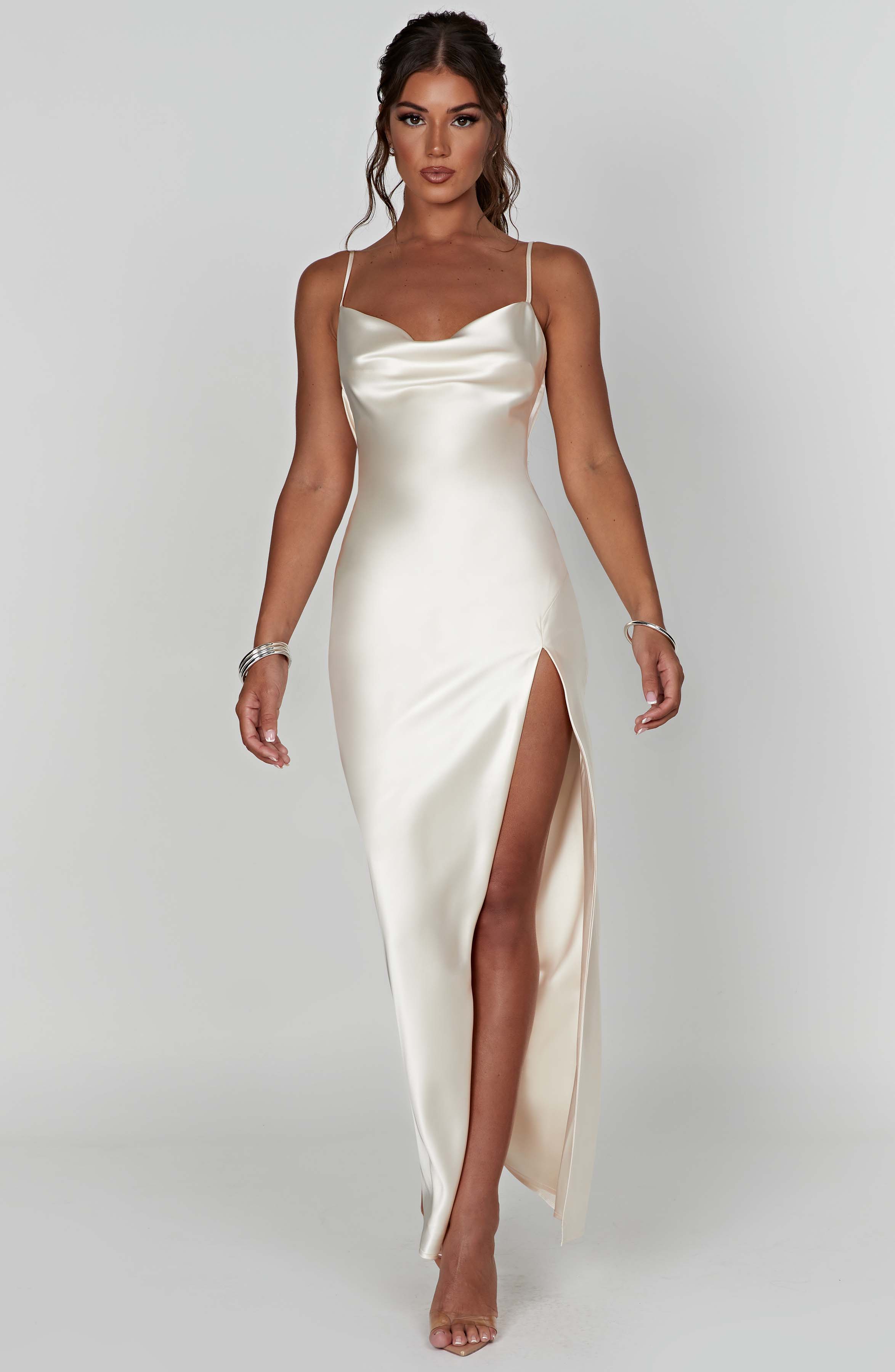 Celestina Ivory Satin Cowl Neck Maxi Dress with Thigh Split