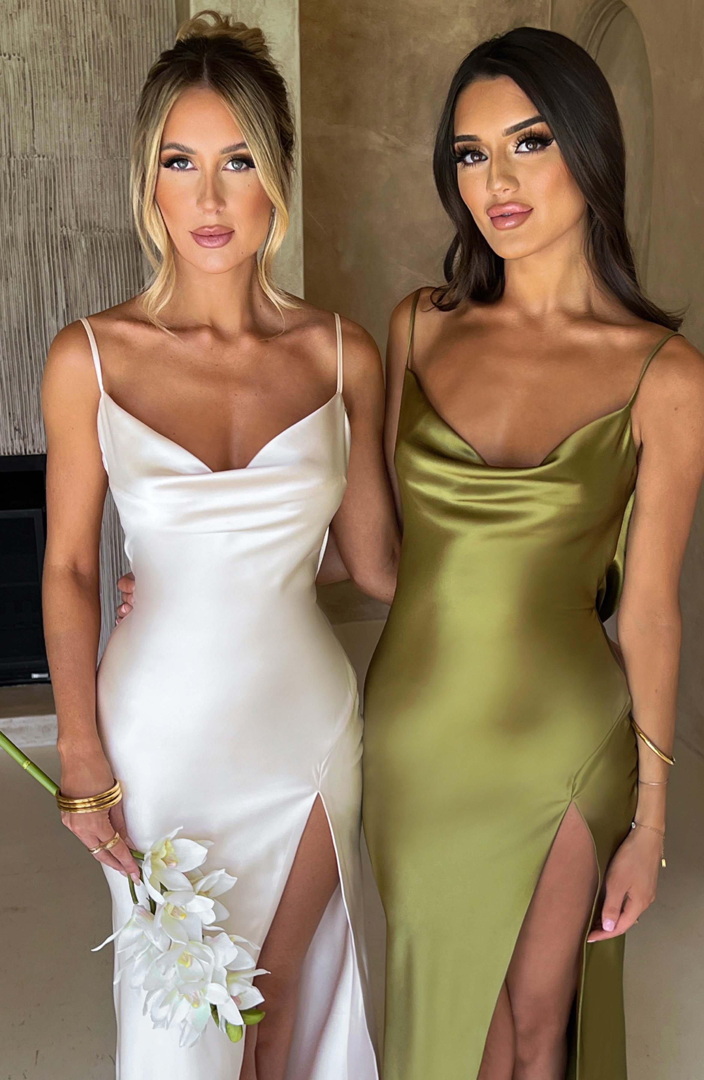 Celestina Ivory Satin Cowl Neck Maxi Dress with Thigh Split