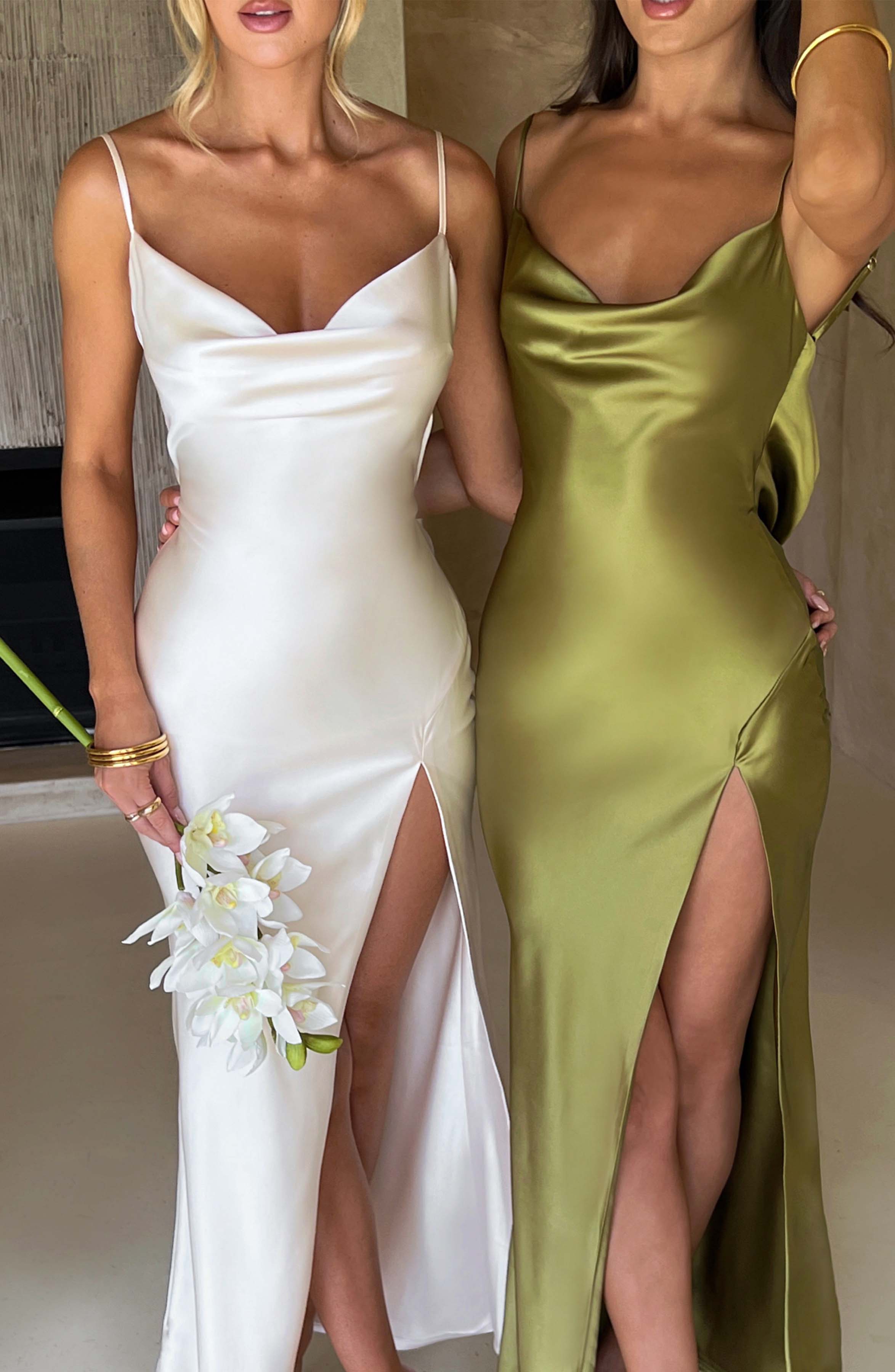 Celestina Ivory Satin Cowl Neck Maxi Dress with Thigh Split
