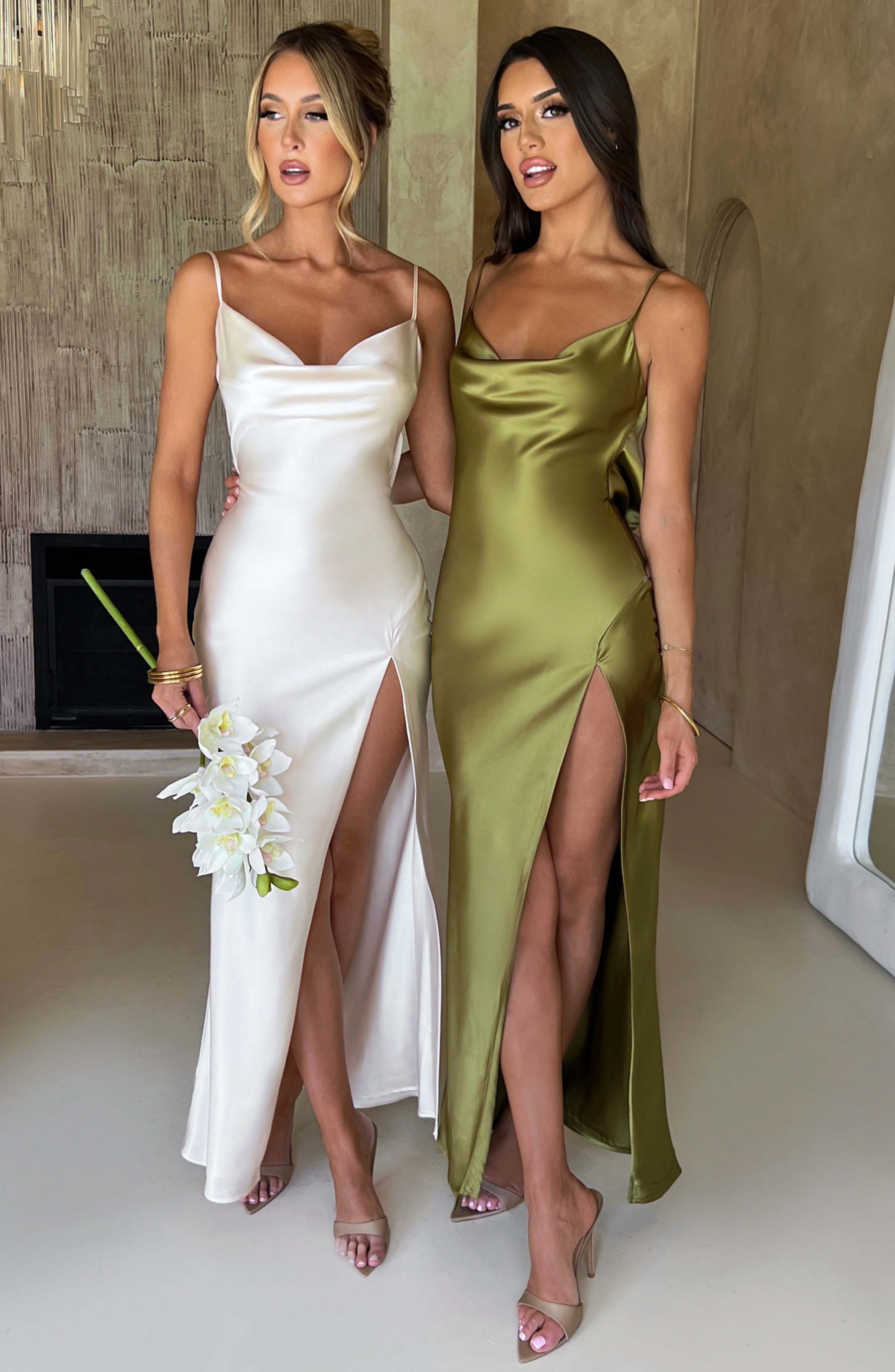 Celestina Ivory Satin Cowl Neck Maxi Dress with Thigh Split